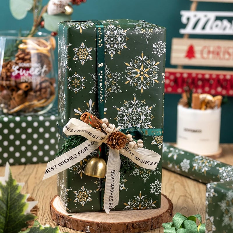 MAYPLUSS Christmas Wrapping Paper Roll - 17IN X 33FT - Green Gift Wrapping Paper Featuring Snowflake Against Dark Green Reversible Polka Dot for Kids, Holiday, New Year - Image 2